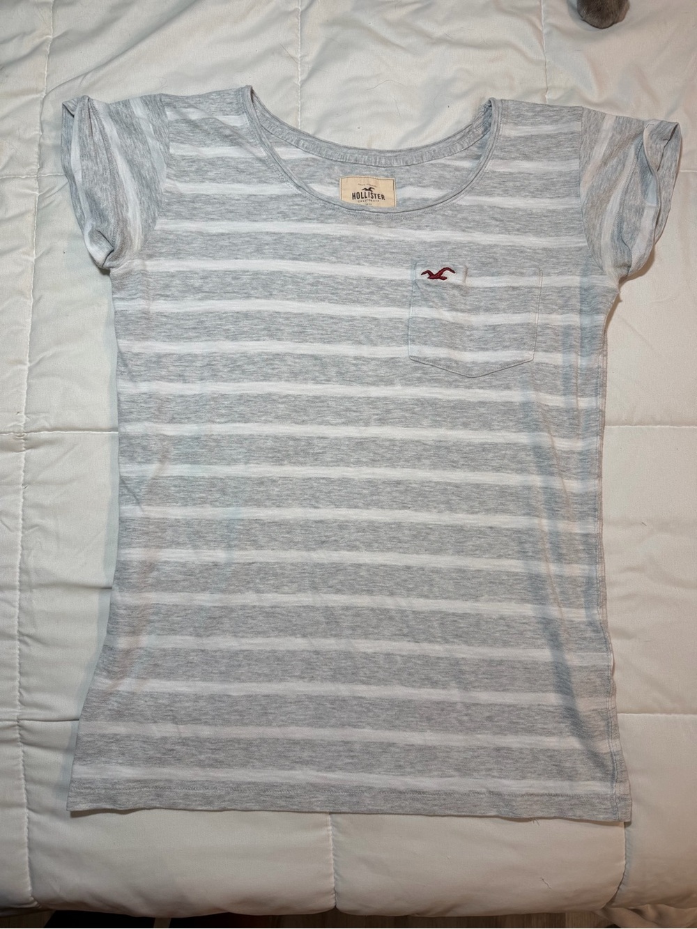 Hollister Gray & White Striped Short Sleeve Tee with Pocket